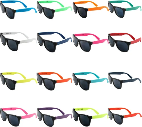 Vista 7 de Paquete de 32 lentes de sol de neón de 16 colores, regalos de fiesta, estilo de los años 80, coloridos juegos de gafas de sol para fiesta, perfectos