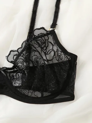 Vista 4 de SOLY HUX Conjunto de brasier y braga de lencería con aros y malla floral bordada para mujer