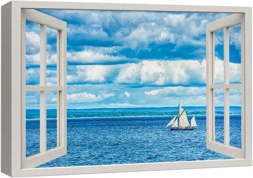 Vista 35 de wall26 - Cuadro en lienzo para pared, vista de ventana, atardecer neón, cielo, palmera tropical, playa, naturaleza, desierto, fotografía, realismo