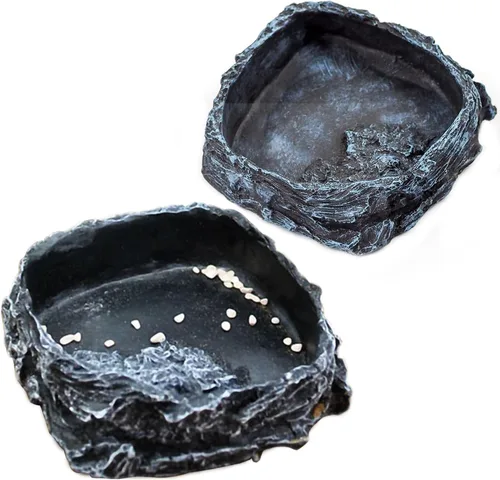 Vista 8 de OMEM Reptile Natural Bowl Plato de comida y agua hecho en resina (2 unidades, gris, S)