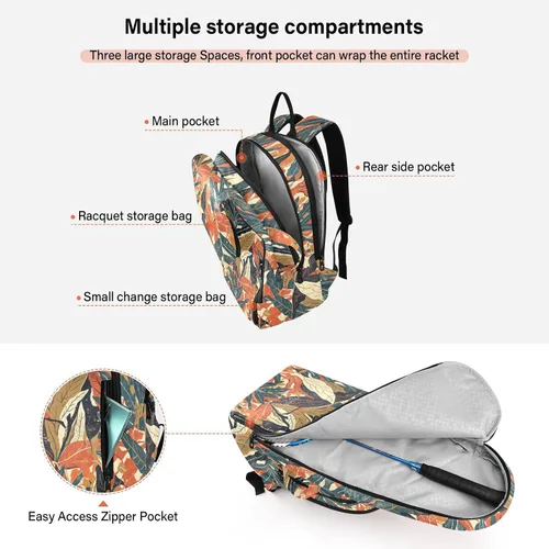 Vista 5 de Mochila de tenis para adultos, diseño de hojas coloridas, diseño de impresión, accesorios deportivos, mochila para mujeres y hombres, raquetas