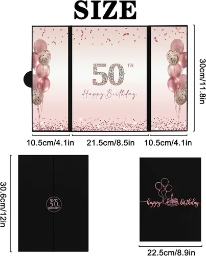 Vista 3 de DARUNAXY Decoraciones de fiesta de 50 cumpleaños en oro rosa para mujeres, libro de firmas alternativo de feliz 50 cumpleaños, tarjeta de firma