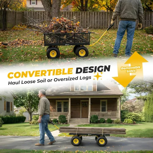 Vista 4 de Sekey Carrito de jardín de malla de acero de 600 libras para patio y patio trasero, carro utilitario con lados extraíbles (cama plana convertible)