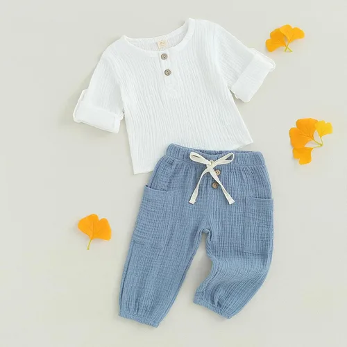 Vista 3 de Lesimsam Conjunto de camiseta de manga larga con botones de muselina para bebé niño y niña, ropa de otoño