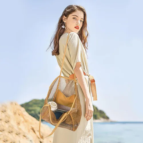 Vista 7 de VKIOIP Bolsa de playa de malla para mujer, bolsa de hombro para vacaciones, picnic