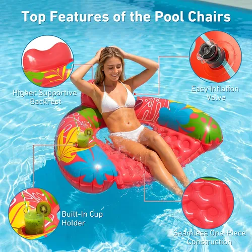 Vista 6 de Paquete de 2 flotadores inflables de piscina para adultos, sillas flotantes de piscina con soporte para tazas, flotadores de piscina para adultos