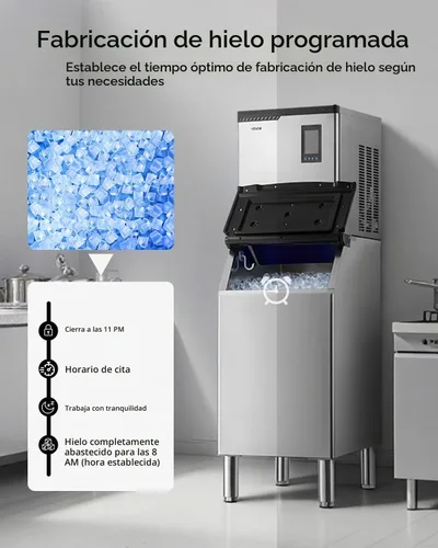 Vista 6 de VEVOR Máquina comercial para hacer hielo, máquina de hacer hielo de 300 libras/24 horas, máquina de hielo con contenedor de almacenamiento de acero