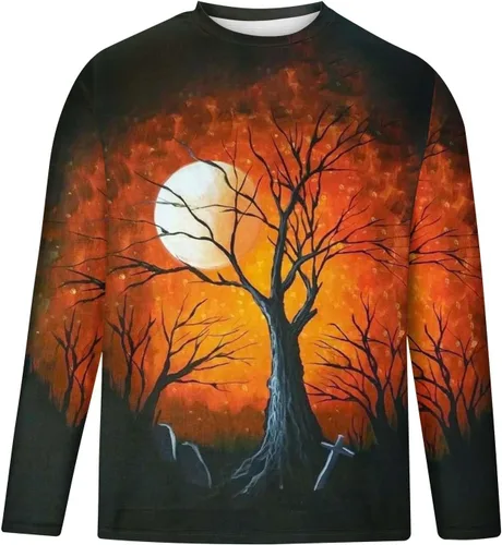 Vista 4 de Camisetas de Halloween para hombre, manga larga, estampado casual, camisetas gráficas, camisetas de entrenamiento muscular, sudaderas con cuello