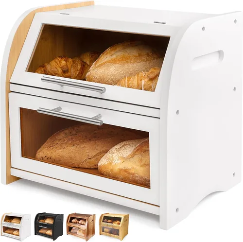 Vista 9 de Arise - Elegante caja de pan de acacia para encimera de cocina, contenedor de almacenamiento de pan de madera extra grande de 2 estantes
