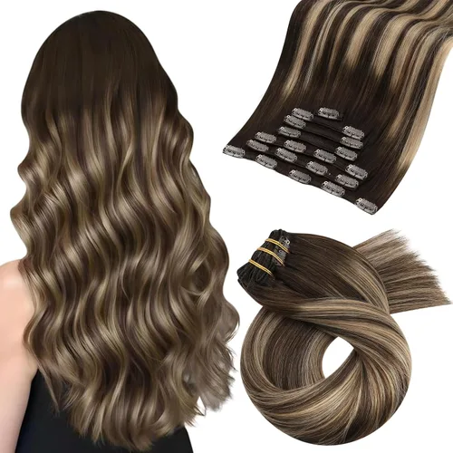 Vista 23 de Moresoo Extensiones de cabello humano con clip, balayage, color marrón oscuro a marrón dorado con clip, extensiones de cabello humano con clip, 5