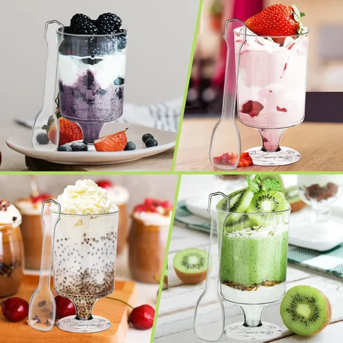 Vista 5 de Eupako Mini tazas de postre con cucharas de 4 onzas líquidas – Vasos de plástico transparente para parfait, taza pequeña redonda para aperitivos