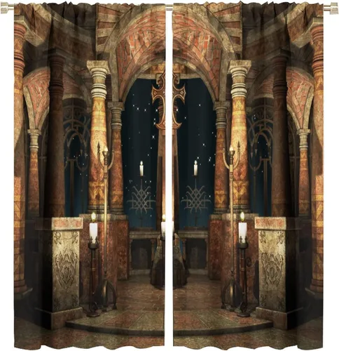 Vista 45 de Cortinas góticas con diseño de luna de Halloween, historia, puerta espeluznante, fondo de terror, vela, ficción, patrón de impresión, sala de estar