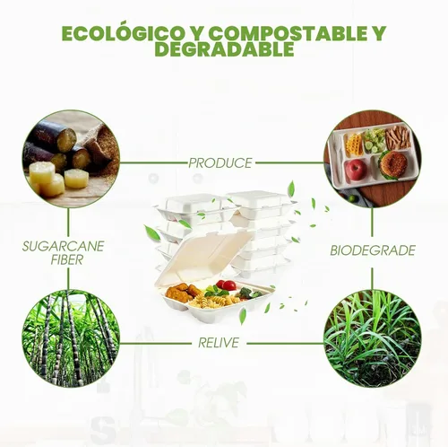 Vista 3 de Vplus Paquete de 300 Recipientes compostables para llevar con diseño de concha, de 20,3 x 20,3 cm, desechables y ecológicos, con 3 compartimentos