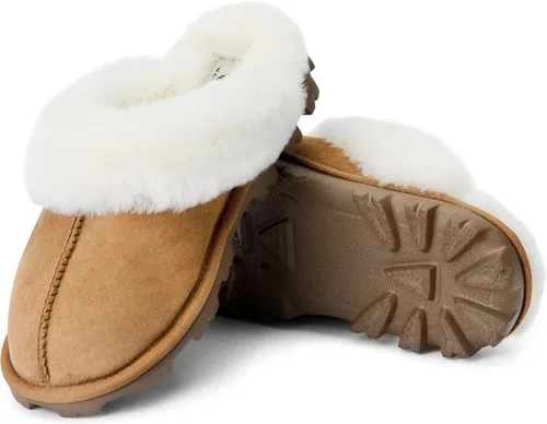 Vista 6 de WaySoft Pantuflas de piel de oveja australiana auténtica, 100% piel de oveja dura para mujer, para interiores y exteriores, pantuflas de lana cálida