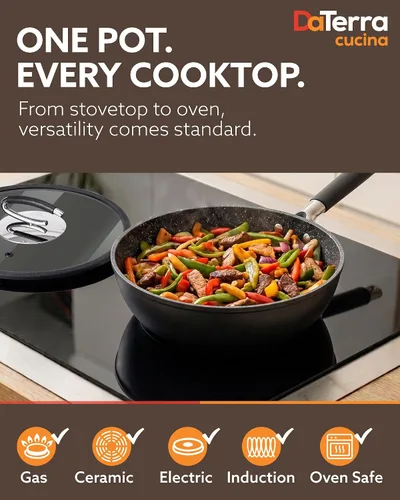Vista 2 de Sartén profesional para freír con tapa, de Vesuvio Italian Crafted Cookware, PFOA and PFAS-Free, Induction Compatible, 450°F Oven Safe, Cool Touch