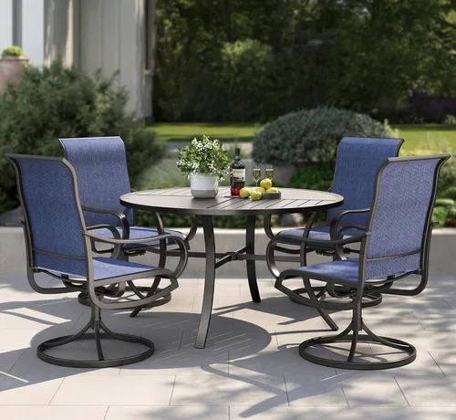 Vista 26 de PHI VILLA Juego de comedor de 5 piezas para patio al aire libre con sillas giratorias (azul) y mesa de comedor de acero de metal de 37 x 37 pulgadas
