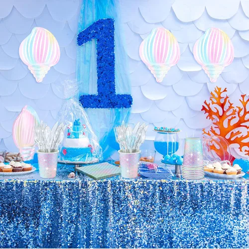 Vista 5 de 144 piezas de suministros para fiesta de sirenas, decoraciones temáticas de sirenas, juego de vajilla para fiesta bajo el mar, incluye platos