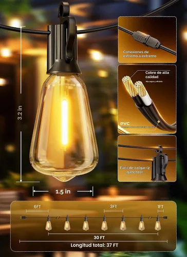 Vista 7 de Brightown Luces de Cadena para Exteriores, 30 pies, 11+1 LED ST38, Luces LED para Patio Irrompibles, Regulables IP65 Impermeables Conectables, Luz