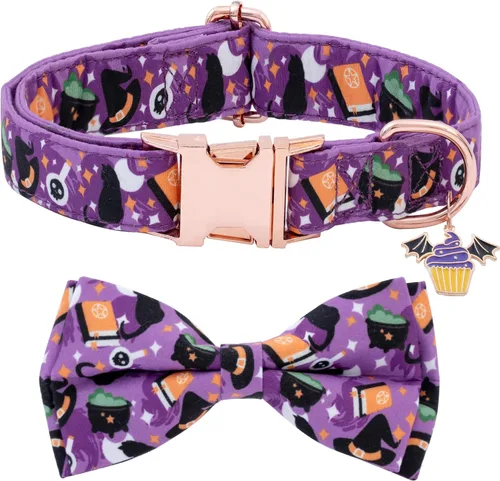 Vista 13 de Collar de perro con moño de Halloween de Faygarsle para otoño, collar elegante y bonito para perros pequeños, medianos y grandes, collar de algodón