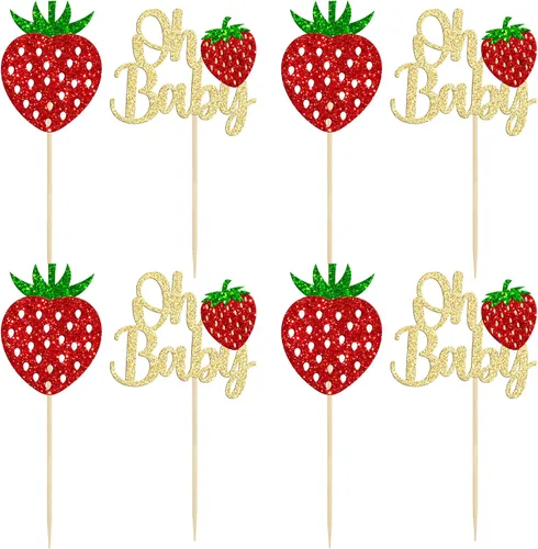 Vista 3 de Paquete de 24 adornos para cupcakes Sweet Oh Baby con purpurina de fresa, selecciones de frutas, baby shower, niños, cumpleaños, bayas, cupcakes
