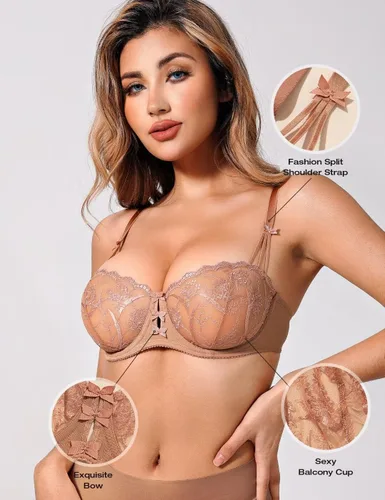 Vista 3 de Deyllo Sujetador de encaje Balconette para mujer, con aros, sin forro, transparente, sin relleno, transparente