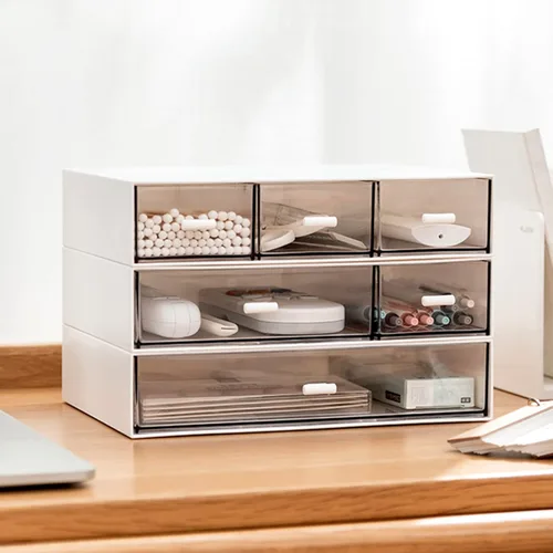 Vista 8 de Organizador de escritorio con cajones, cajones de almacenamiento apilables, caja de almacenamiento de escritorio compacta de plástico, ideal