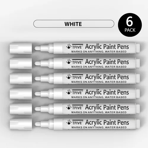 Vista 7 de Rotuladores de pintura acrílica blanca, punta media de 0.079 a 0.118 pulgadas, paquete de 6 bolígrafos permanentes de pintura a base de agua blanca