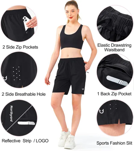 Vista 17 de NORTHYARD Pantalones cortos deportivos de senderismo para mujer, de secado rápido, ligeros, para gimnasio, entrenamiento, con 3 bolsillos