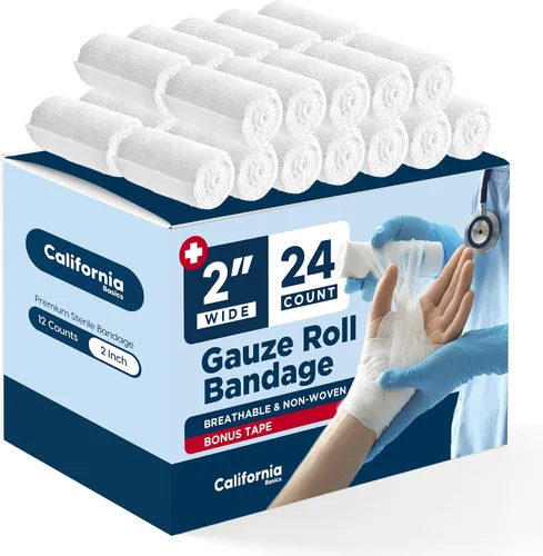 Vista 13 de California Basics Paquete de 12 rollos de vendaje de gasa con cinta, 2 pulgadas x 4 yardas, envoltura suave, elástica y transpirable para el cuidado