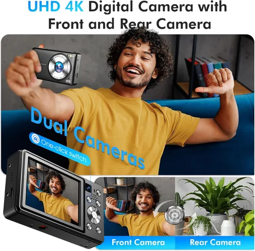 Vista 4 de Cámara digital 4K, cámara de videoblogs de 64 megapíxeles con enfoque automático y lente dual, zoom digital 16X, cámara compacta de YouTube