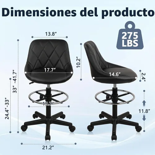 Vista 3 de KLASIKA Silla de dibujo con respaldo, taburete giratorio de cuero sintético ajustable en altura con anillo para el pie, silla de oficina ergonómica
