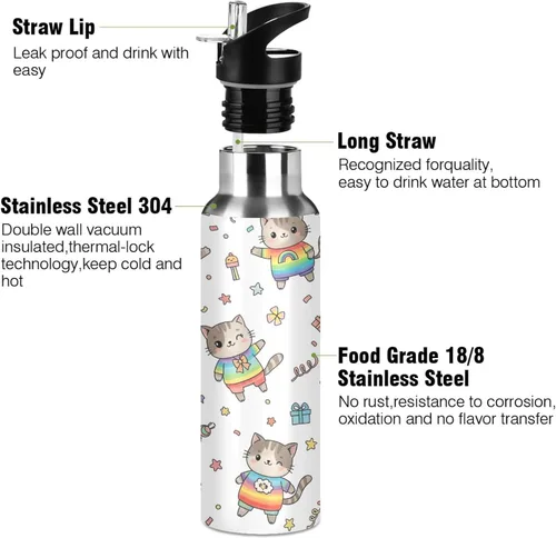 Vista 3 de Cute Cartoon Cats Rainbow Insulated Stainless Steel Water Bottle with Straw 20 Oz, BPA-Free Sports Water Bottle with Straw Leakproof Water Bottles