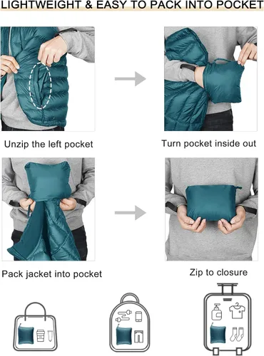 Vista 21 de Bakery Chaleco de plumón ligero plegable para hombre, chaleco acolchado con cuello alto, chaleco con cremallera, chaqueta sin mangas