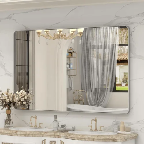 Vista 56 de Espejo rectangular para pared de baño de 20x30 pulgadas con marco negro mate, espejo de tocador con esquinas redondeadas, espejo de baño de metal