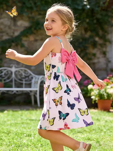 Vista 9 de Vestido de verano para niños pequeños, con tirantes delgados, sin espalda, con lazo, para cumpleaños, playa, vestido de playa A-Butterfly