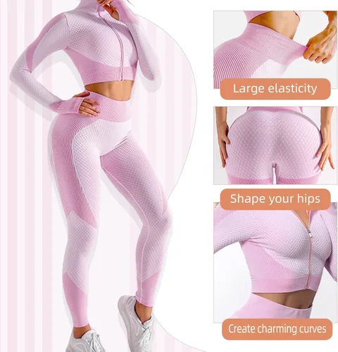 Vista 4 de Veriliss Conjunto de 3 piezas de entrenamiento sin costuras para mujer, gimnasio, deportes, escuela, correr, yoga, ropa deportiva