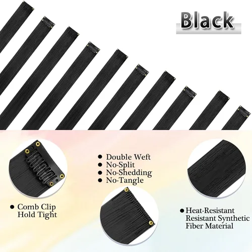 Vista 3 de BARSDAR Extensiones de cabello negro con clip, extensiones de cabello con clip de color para mujer, 22 pulgadas, 12 piezas, extensiones sintéticas