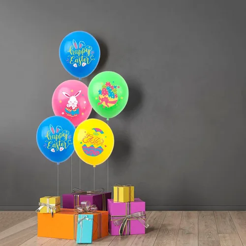 Vista 6 de Globos de Pascua con diseño de huevos de conejo, globos de fiesta verde, rosa, azul, amarillo, para fiesta temática de Pascua, suministros