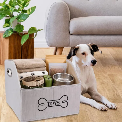 Vista 5 de Geyecete Contenedor de almacenamiento de juguetes para perros con mango de madera, cesta organizadora rectangular decorativa de fieltro suave
