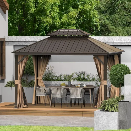 Vista 9 de Domi - Cenador de techo rígido de 8 x 8 pies con malla y cortinas, cenador para exteriores con techo doble de acero galvanizado para patio, césped