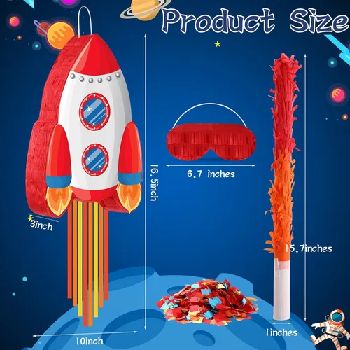 Vista 3 de Rocket Pinata Space Pinata con palo de los ojos vendados para niños, clásica