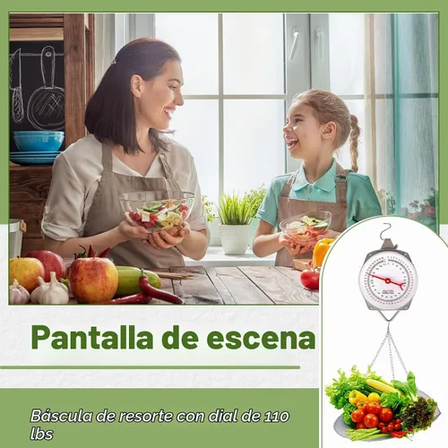 Vista 5 de Tellegloww 1 Juego de 110 lbs Balanza Colgante con Pantalla Grande y Cucharón para Cocina, Balanza de Dial Pesada en Plata, Balanza de Primavera