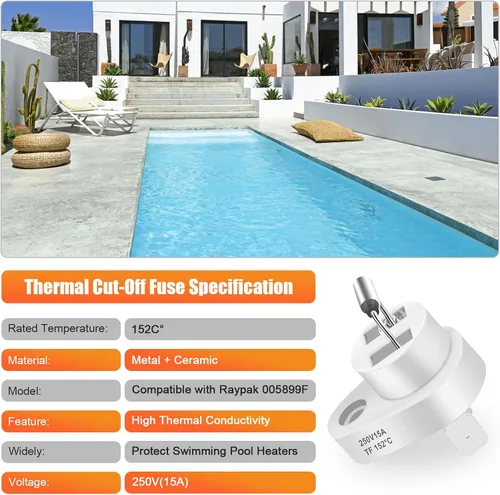Vista 7 de Kit de fusible térmico para calentador de piscina, 305.6 °F compatible con 005899F Raypak Zodiac R0012200 206A, 266A, 336A, 406A calentador digital
