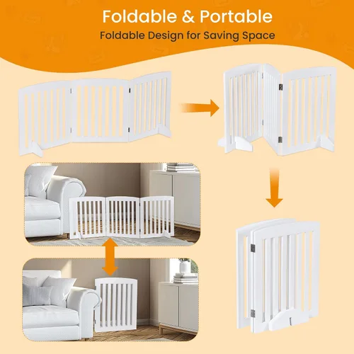 Vista 7 de ZENY Puerta para mascotas de 24 pulgadas, puerta plegable independiente para perros de 3 paneles, forma en Z, color blanco, valla de madera