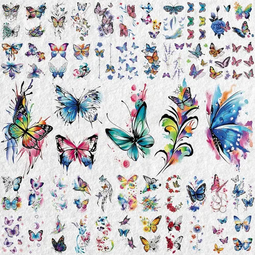 Vista 3 de Cerlaza 79 hojas de tatuajes de mariposa 3D temporales realistas para mujeres adultas, tatuajes falsos de acuarela, calcomanías temporales