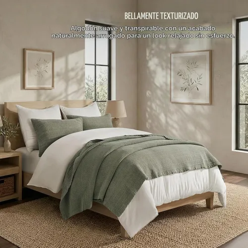 Vista 2 de EverGrace Stonewashed Textured Cotton Quilt Set, Queen Size, Basil Green