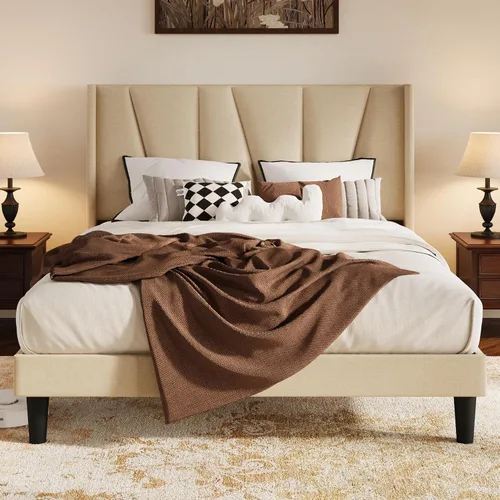 Vista 17 de HOOMIC Base de cama tapizada de tamaño matrimonial con cabecera geométrica moderna con respaldo de ala, listones de madera, no necesita somier, base