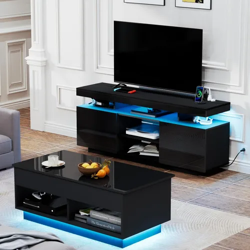 Vista 9 de HOMMPA Soporte de TV LED moderno para televisores de 55/50/43/40/32 pulgadas con tomas de corriente, centro de entretenimiento