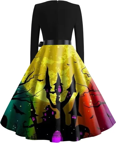 Vista 3 de TWGONE Halloween Costumes for Women 2023 Fit and Flare Dress Fall Fashion Long Sleeve Party Vintage Halloween Dress