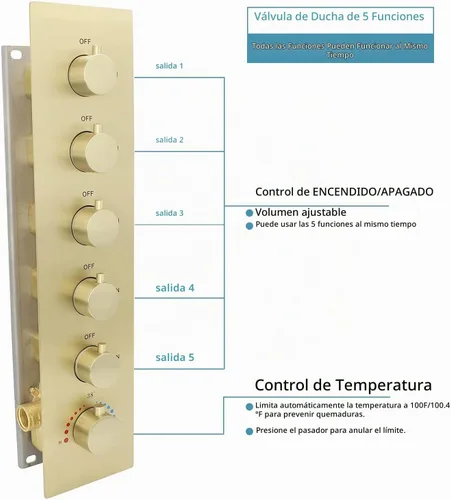 Vista 3 de Sistema de ducha dorado cepillado con cabezal de ducha grande de 16 x 24 pulgadas, cabezal de ducha de triple función, cascada de lluvia, juego